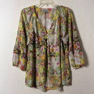 Anthropologie Figueroa & Flower Blouse Top L Boho Tunic Button Up Sheer Floral